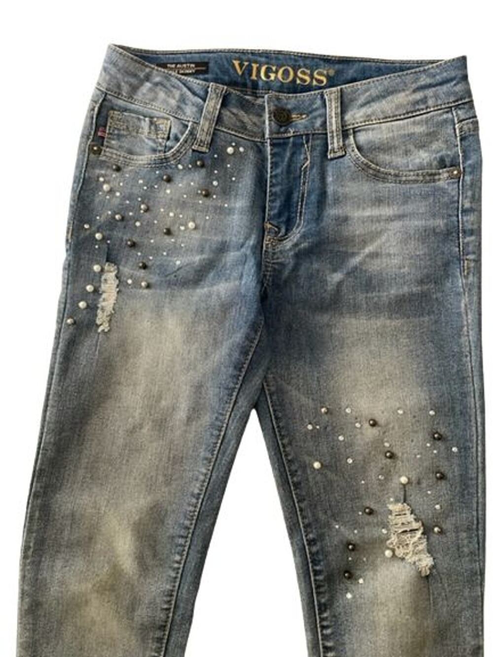 Vigoss Girls Skinny Ankle Jeans Size 10 Distressed Faux Pearls Diamonds